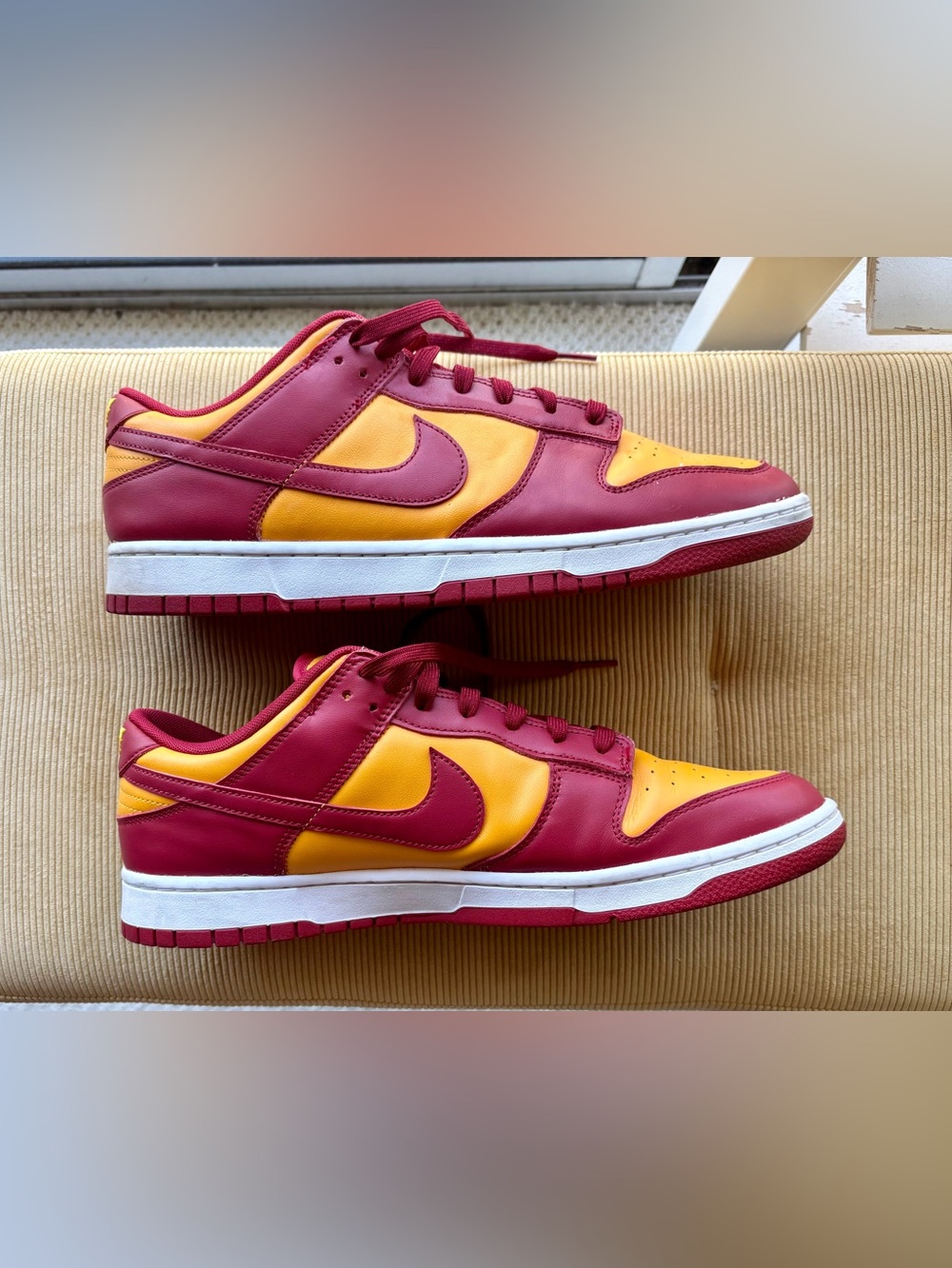 Nike Dunk Low in Maroon and Gold, excellent condition.